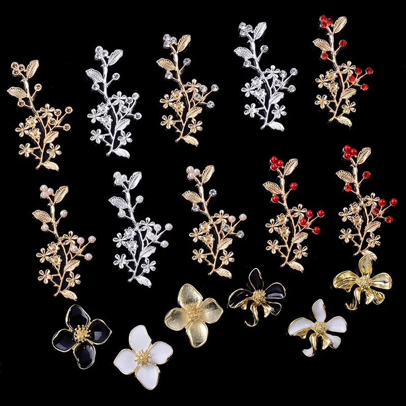 10 Pcs/Lot Alloy Branch Gold Red Rhinestone Buttons Pendants Decorative Jewelry Earrings Choker Hair DIY Jewelry Accessories