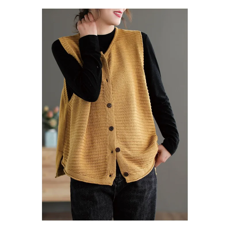 Damska, nowa, szyta kamizelka z okrągłym dekoltem, zapinana na guziki, modna, w jednolitym kolorze, luźna, uniwersalna, dzianinowa bluzka bez rękawów.