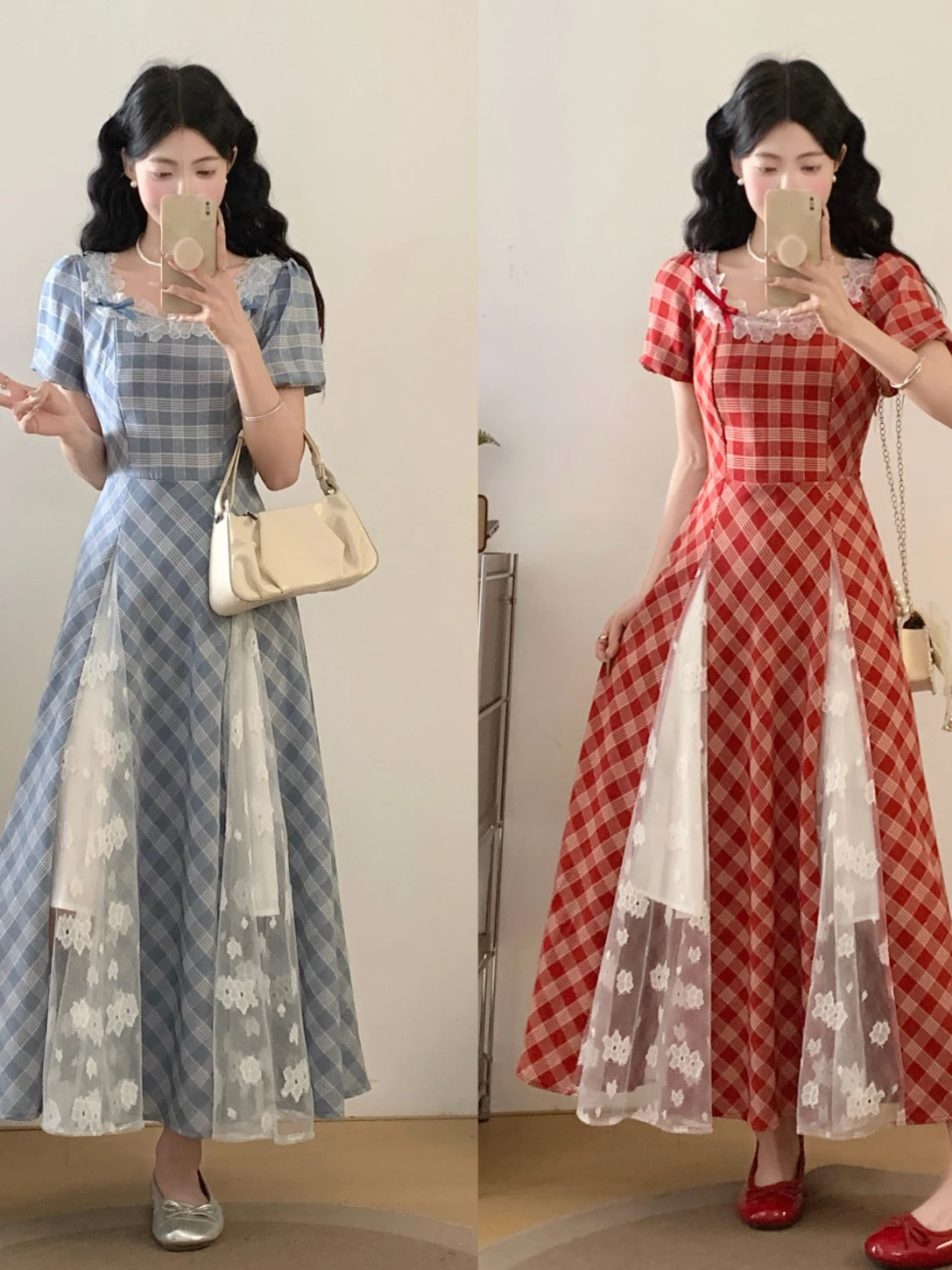 

plus Size Plaid Dress Lace Trim Waist Cinching Short Sleeve Square Collar Summer New Style Korean Version Breathable Skin-Fri...