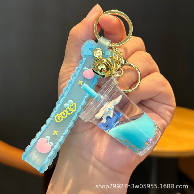 

Sanrio Quicksand Milk Tea Cup Key Chain Oil Liquid Quicksand Flash Acrylic Suspended Key Chain Pendant Women'S Backpack Key