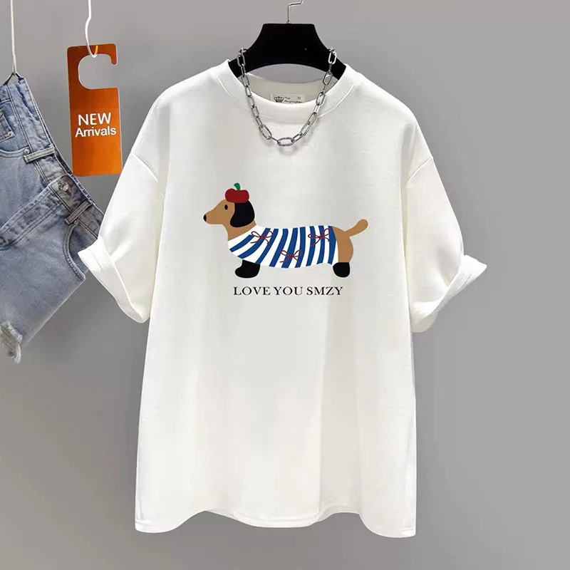 Women\'s Clothing Fashion Puppy Print Cotton T-shirt Summer Elegant Chic Basic Short Sleeve Top Tee Office Lady Loose Pullovers