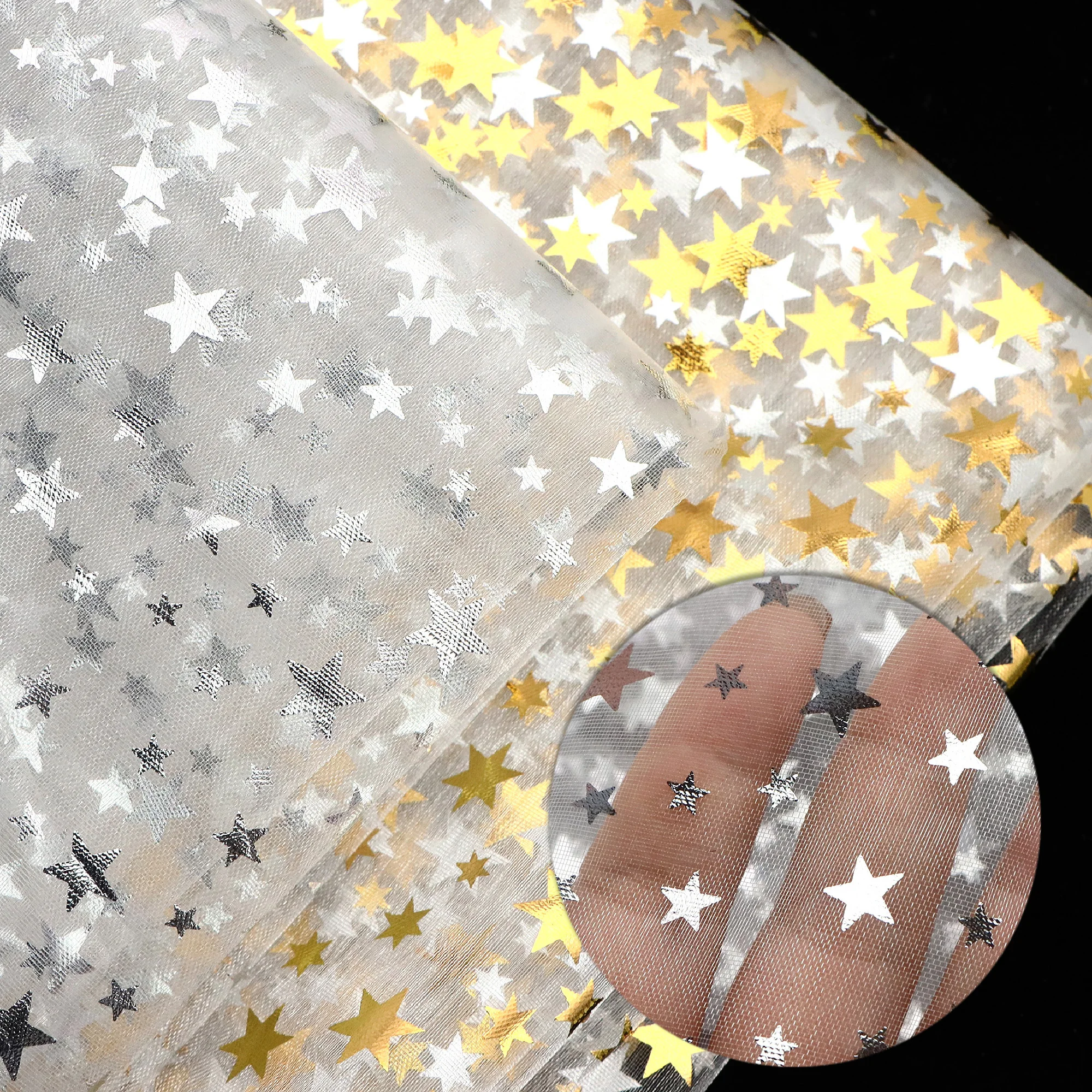 Pre-cut 1Pc -19.68x59 inches (50x150cm)for Quilting Patchwork, Golden Silver Star Organza Fabric Precut- Perfect