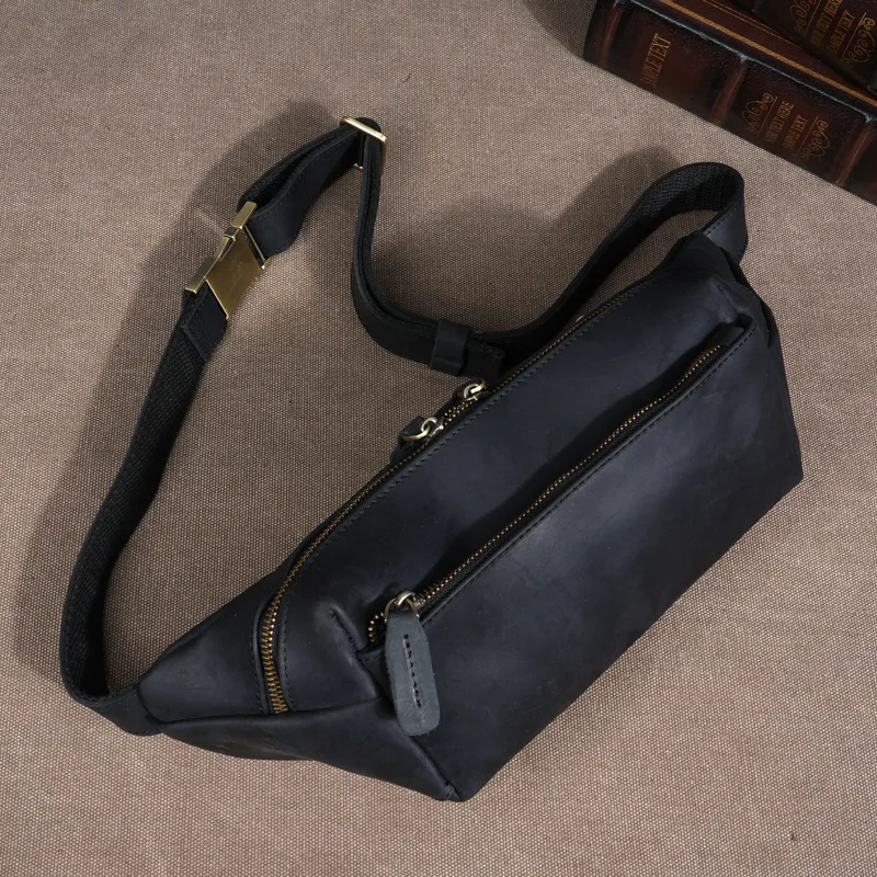 Men's Full-Grain Crossbody Bag - Convertible Chest Waist Pack, Genuine Leather Shoulder Bag for Outdoor Office