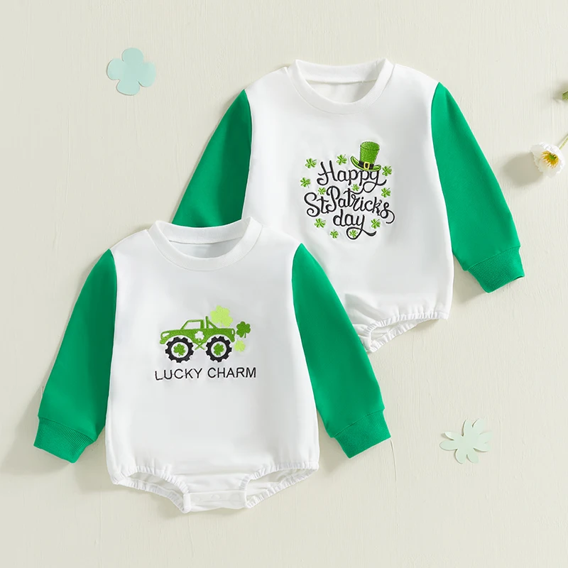 

Lioraitiin Baby Boys Spring Casual Sweatshirt Jumpsuit Long Sleeve Round Neck Shamrock Tractor/Letter Shamrock Embroidery Romper