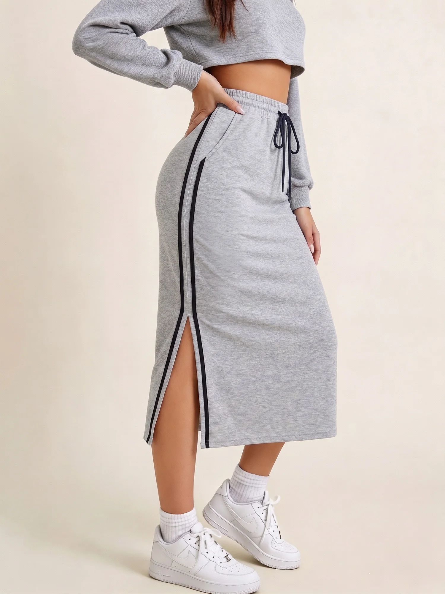 Relax Sport Long Skirt, Side Split Hem, Vacation Excursion & Urban Holiday Daily Outfit