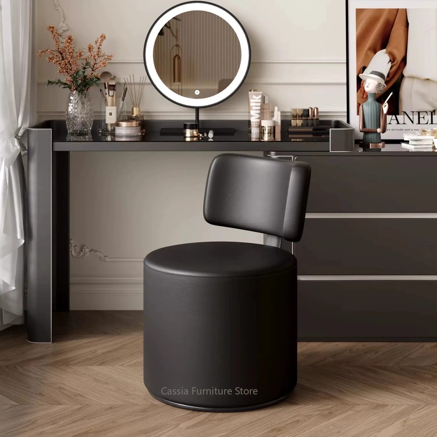 Minimalist Light Luxury Swivel Velvet Vanity Stool with Backrest for Bedroom, Makeup Chair view 5