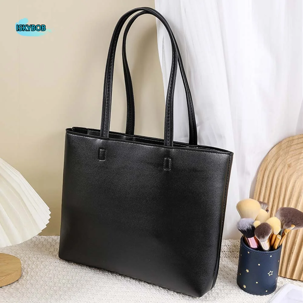 

Classic Elegant Soft PU Tote Bag Large Capacity Polyester Solid Color Handbag Brown Black French Underarm Bag Party