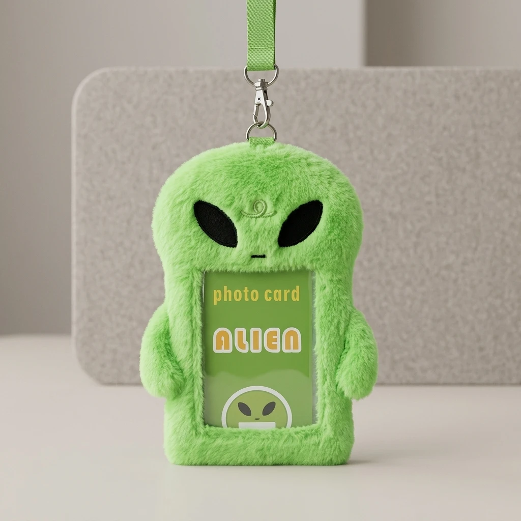 School Bus Card Plush Cartoon Holder Students Fluffy Alien Shape ID Case with Lanyard Cute Animal Badge Photo Protection Pendant view 6