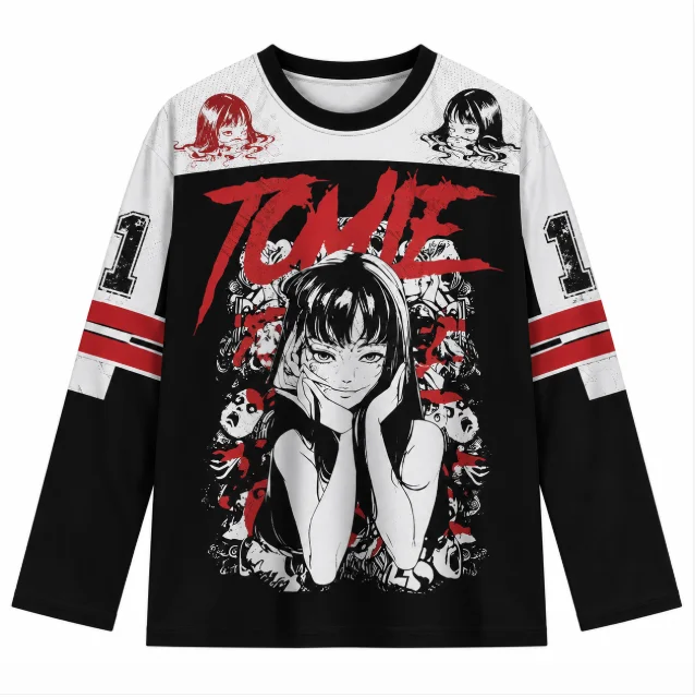 Junji Ito Tomie Hockey Jersey Long Sleeve T Shirt Unisex Manga Horror Graphic Tee Harajuku Y2K Streetwear Oversized Tops