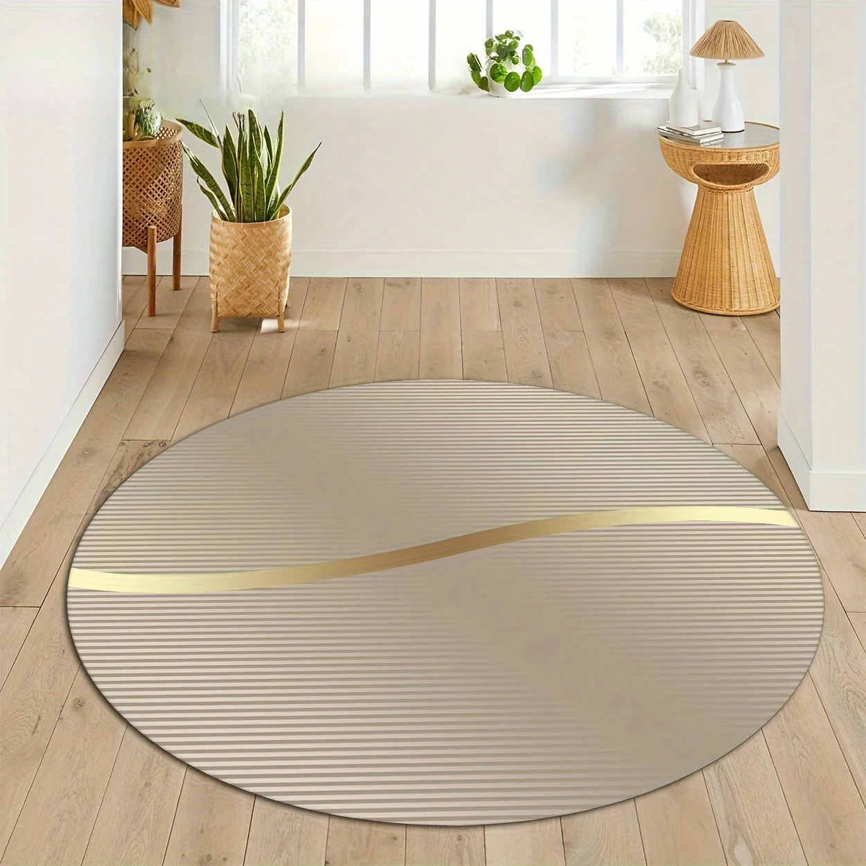 Modern Golden Line Pattern Round Area Rug - 2D Printed Non-Slip Floor Mat for Hallway Living Room & Bedroom, 1PC