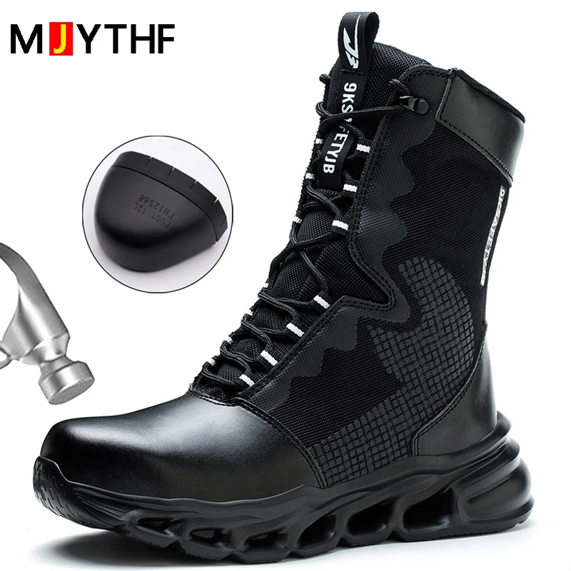 Safety Boots Men Puncture-Proof Work Boots Steel Toe Shoes Mid-Calf Boots Outdoors Combat Boots Protective Shoes Indestructible