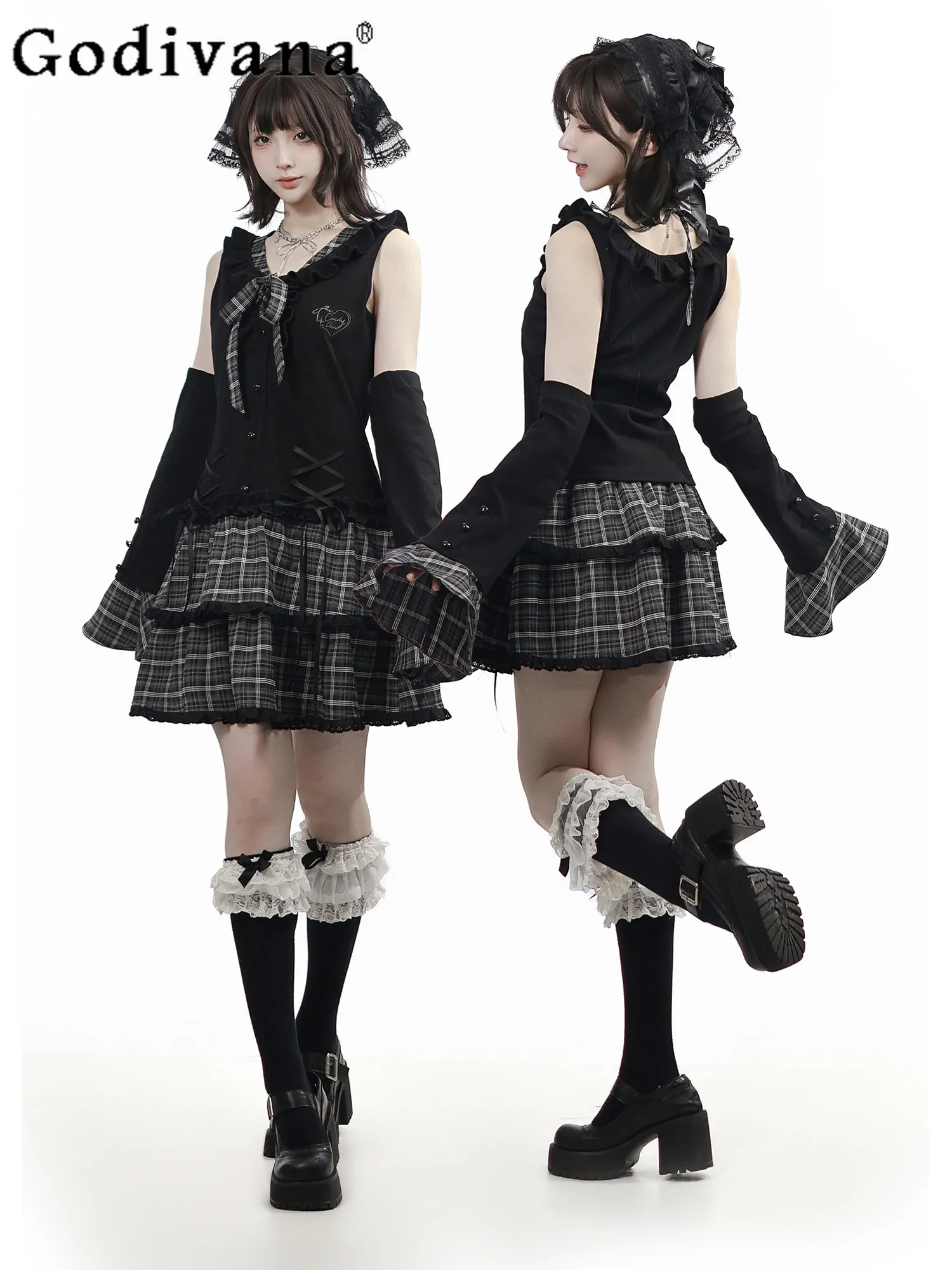 

Original Sweet Cool Girls Skirt Set Spring Summer New Kawaii Clothes Japanese Women's Gothic Punk Sleeveless Dress Top Outfit
