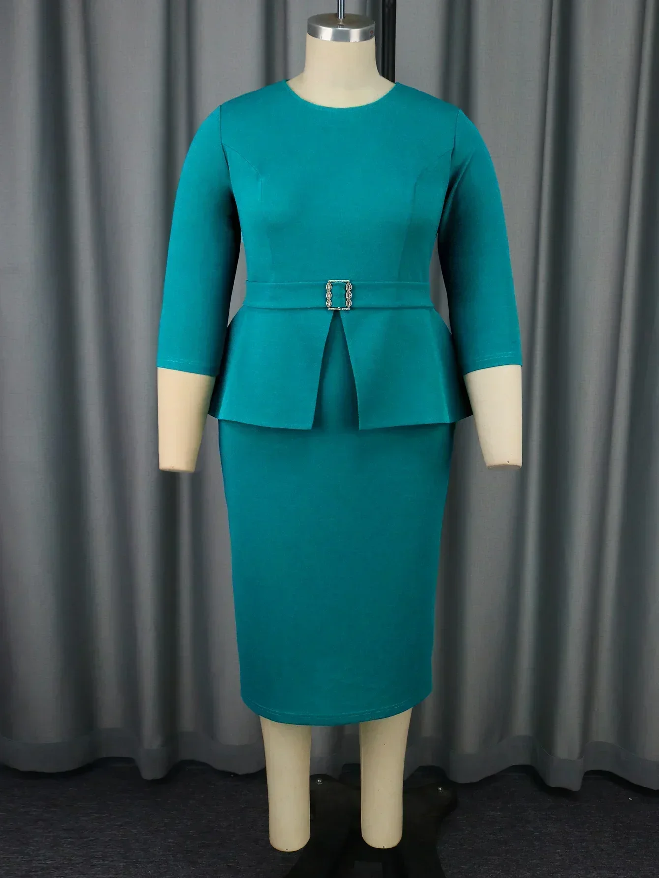 Green Office Lady Dresses O Neck 3/4 Sleeve High Waist Peplum Package Hip Work Casual Bodycon Midi Dress for Women New 2XL 3XL