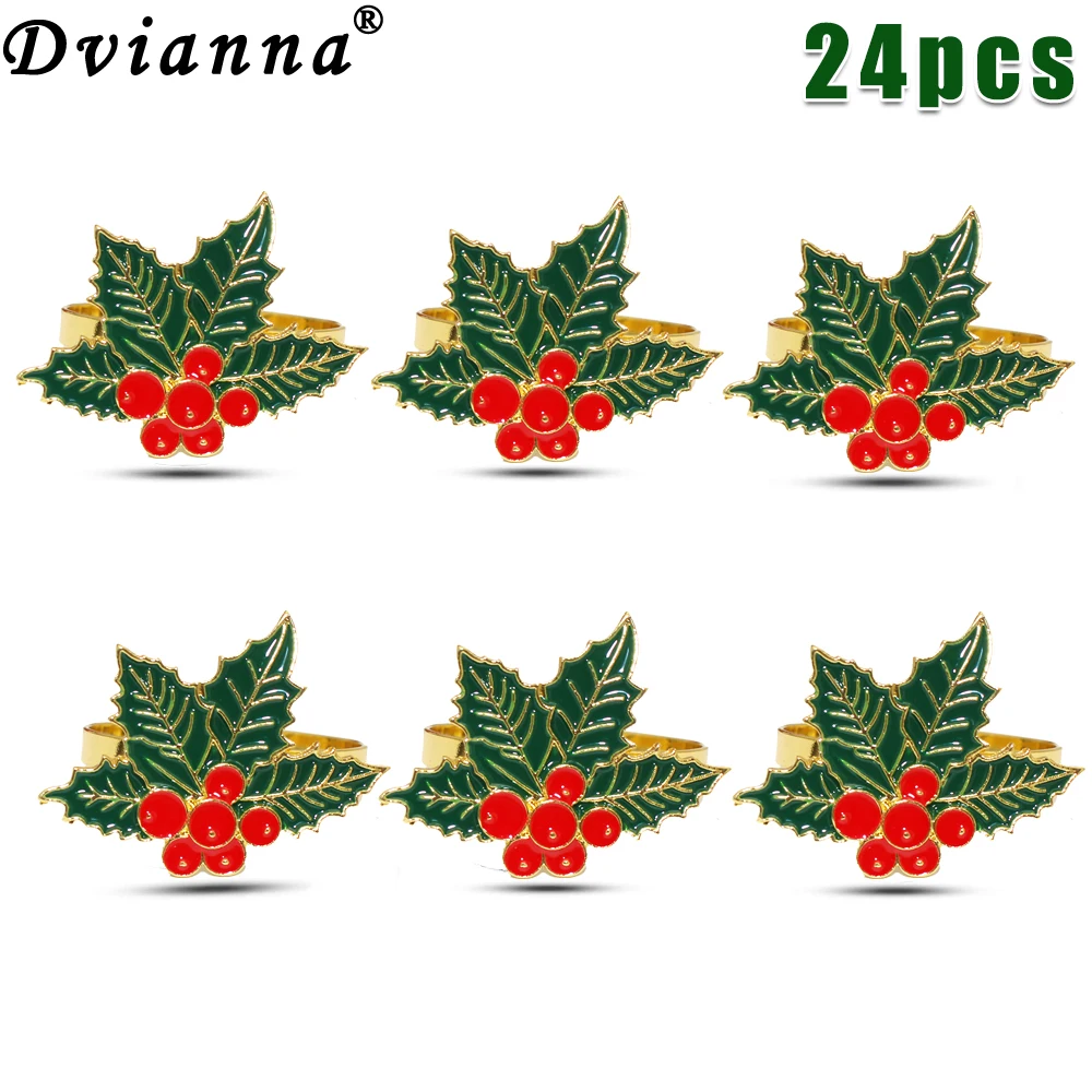 24Pcs Holly Berry with Green Leaves Napkin Rings Christmas Napkin Holder for Xmas Tree Ornaments DIY New Year Dinner Table Decor