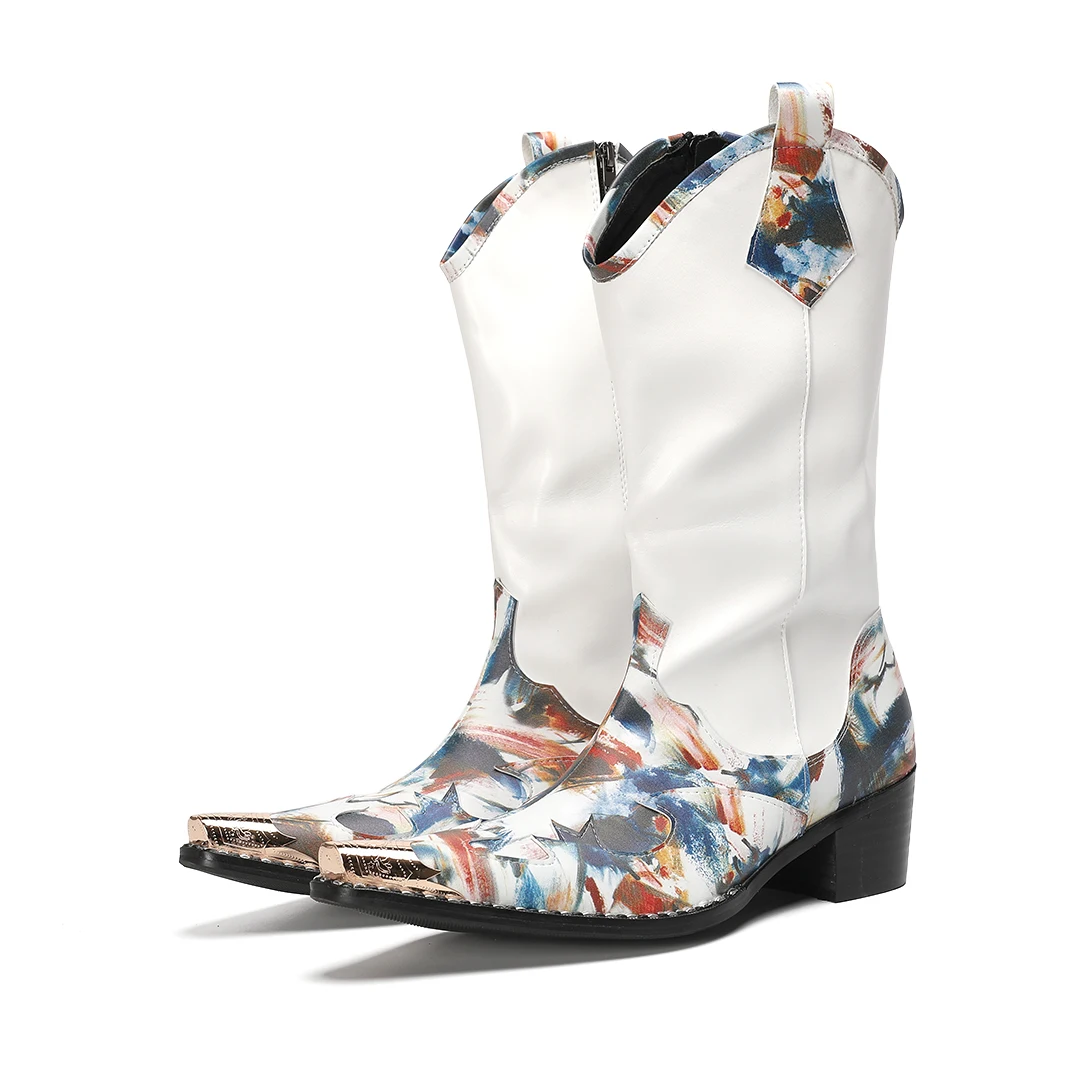 

Зимние белые мужские ботинки до середины икры из натуральной кожи с острым носком в британском стиле, большие размеры, ковбойские сапоги в стиле вестерн на молнии, вечерние формальные туфли