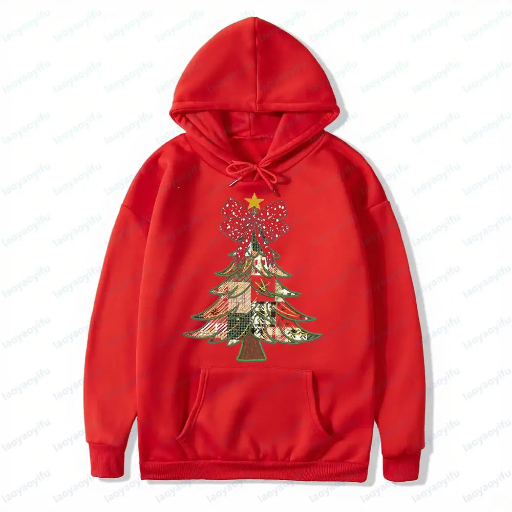 Felpe con cappuccio retrò per albero di Natale Felpe patchwork natalizie vintage Buon regalo di Natale Abbigliamento Top casual alla moda da donna