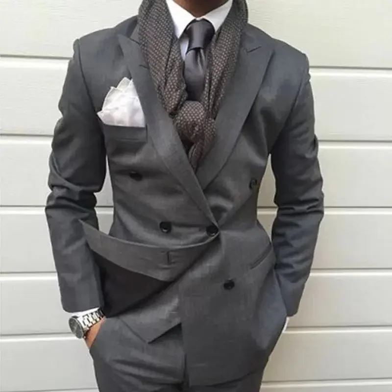 

Grey Double Breasted Slim Fit Men Suit 2 Piece Skinny Groom Wedding Tuxedo Tailor Made Prom Wedding Business Suit (Jacket+Pants)