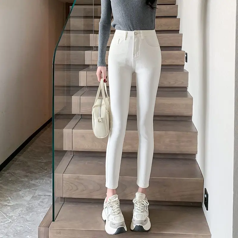 

High Waist Slimming White Skinny Jeans For Women, Autumn Winter Stretch Tight Casual Pencil Pants, Cross-Border