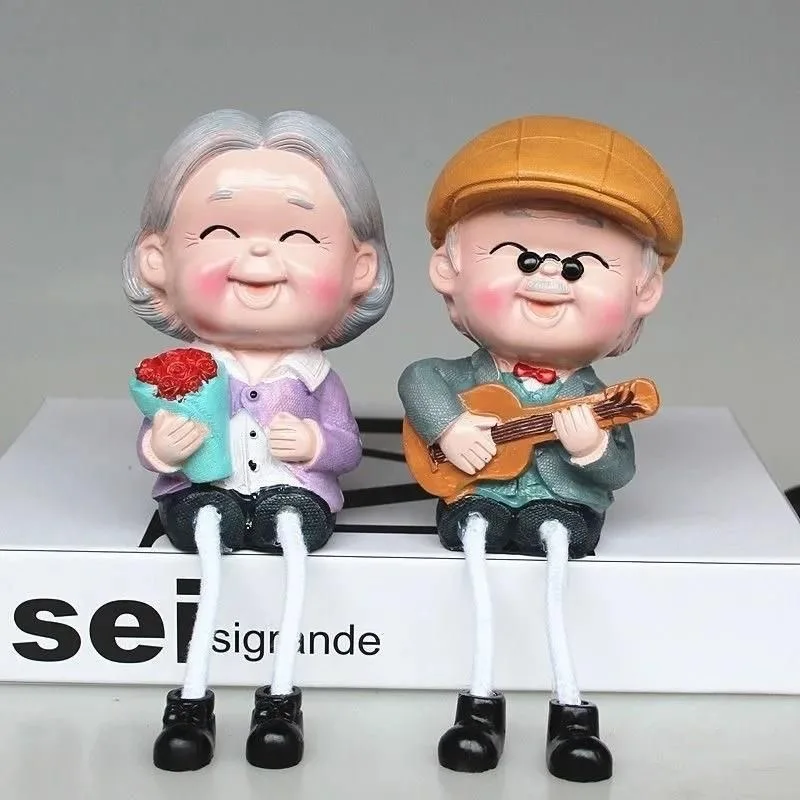 Sweety Old Lovers Couple Ornament Couple Figures Grandma Grandpa Hanging Feet Doll for Office Cabinet Miniature Home Decoration