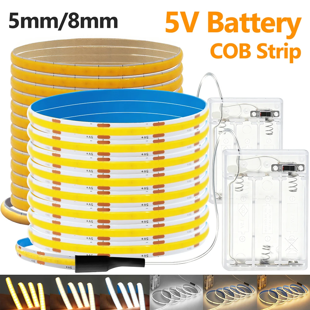 5V Ice Blue Red Pink Green Yellow COB LED Strip Lights Battery Powered 320LEDs/m Flexible Tape Light Strips with Switch for Room