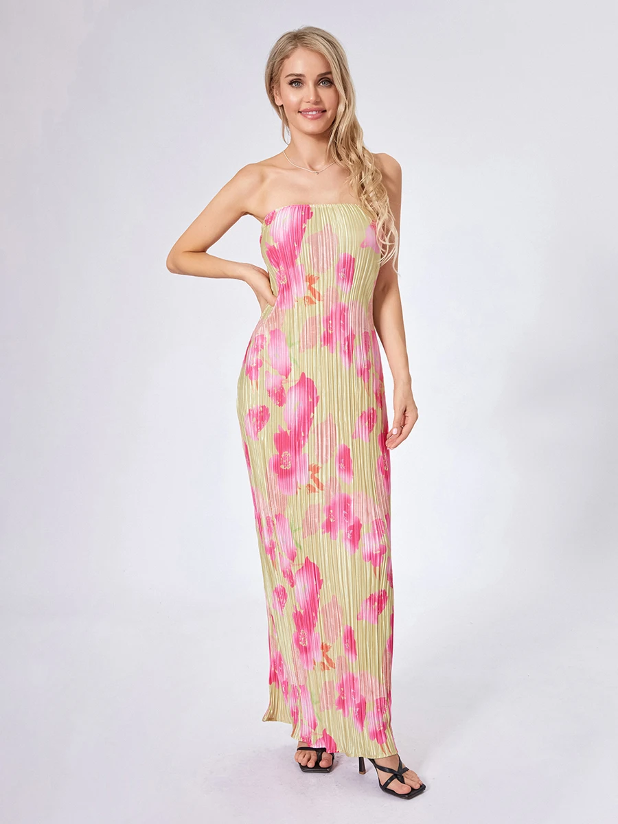 

Women’s Strapless Floral Tube Maxi Dress Sleeveless Backless Sexy Low Cut Slim Bodycon Dresses Y2k Beach Party Dress