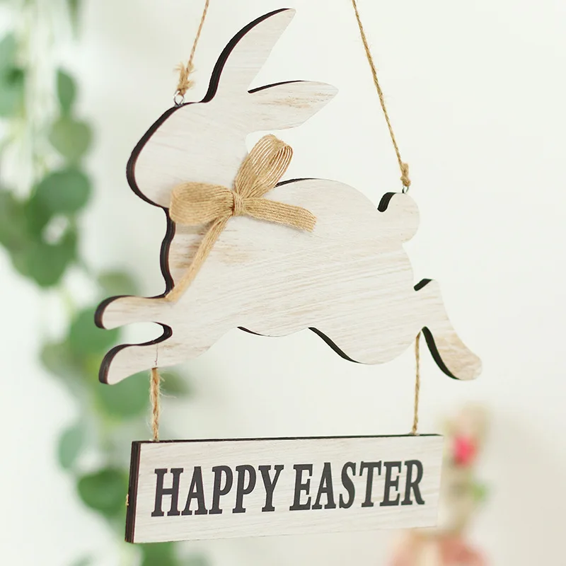 Wooden Easter Door Hanging Ornament Wooden Running Bunny Pendant Happy Easter Party Decoration Easter Party Welcome Sign