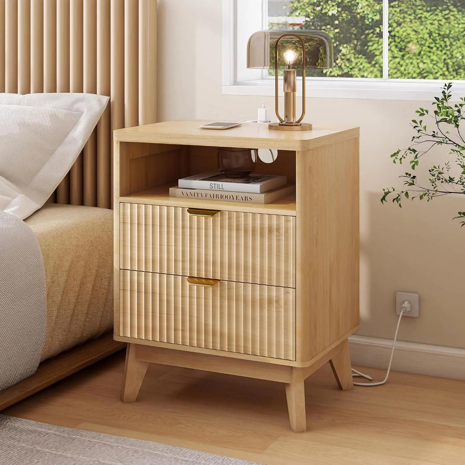 Modern Fluted Nightstand with Charging Station, 2 Drawers, Natural Wood Bedside Table for Bedroom