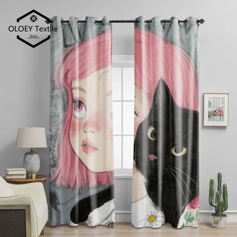

You Will Fall in Love At First Sight Girl and Cat Print Curtains - Customized Patterns Curtains for Living Room Bedroom Drapes