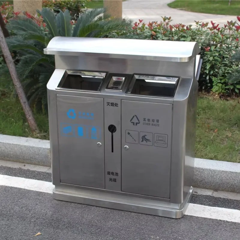 2 Compartments Metal Stainless Steel Trash Bin Street Recycle Garbage Bin with Lid Outdoor Public Dustbin