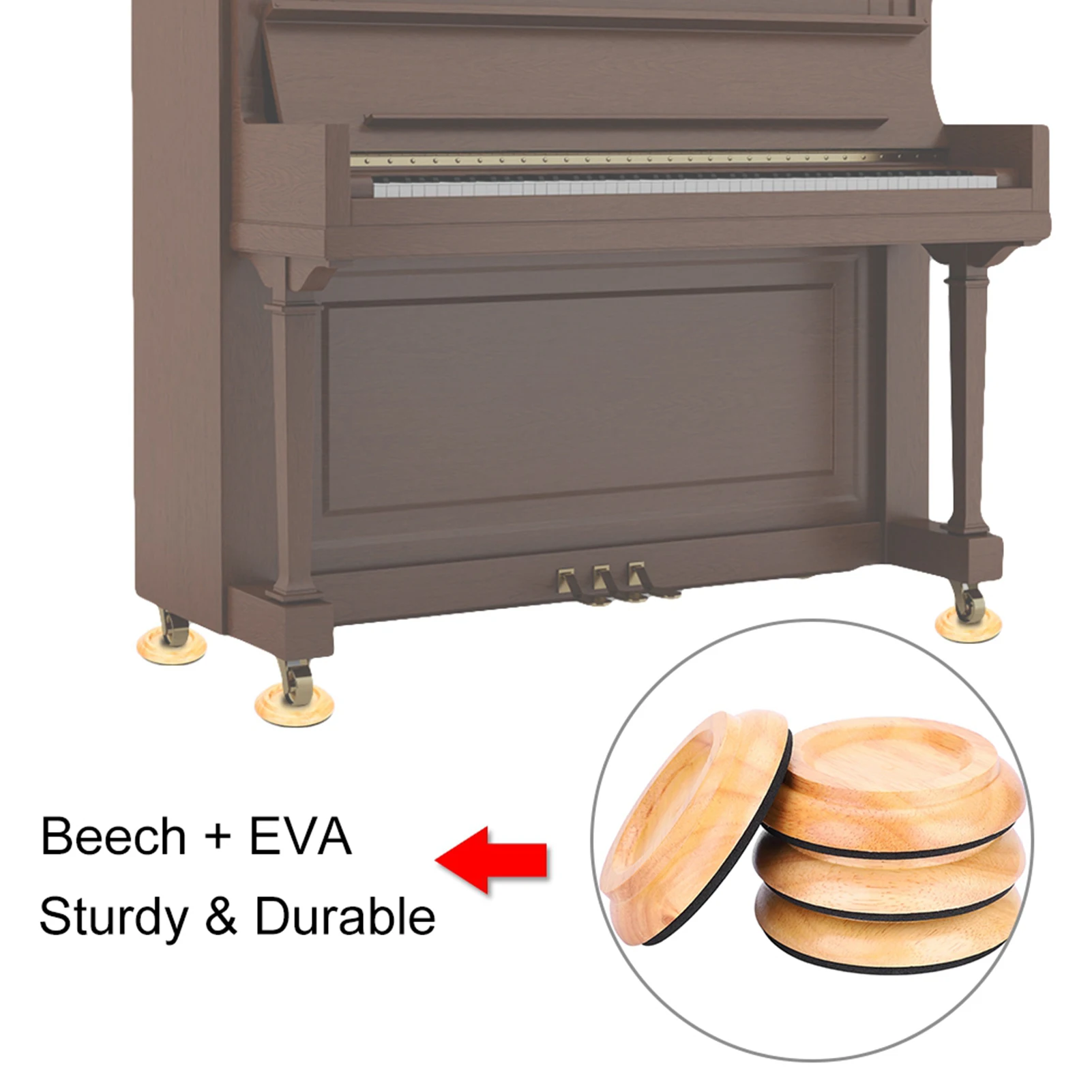 4Pcs Beech Wood Round Piano Foot Pads Set Upright Piano Caster Cups Accessories