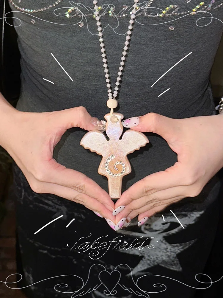 

2025 New Necklace Wooden Crystal Angel Pendant Trendy Cute Y2K Trendy Vintage Jewelry Accessories for Women Girls Jewelry