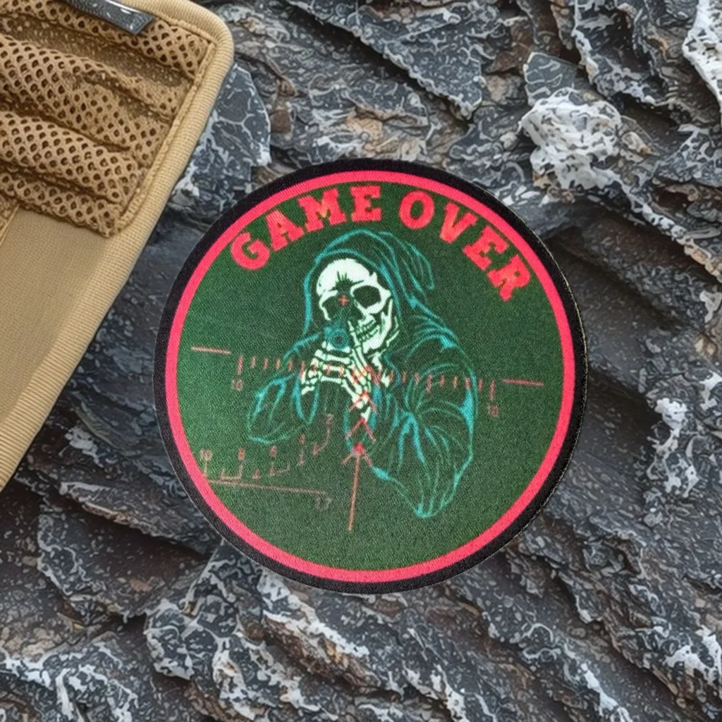

Game Over Skeleton Gunner Tactical Patch Military Morale Badge Armband Hook and Loop Patches Clothes Backpack Stickers