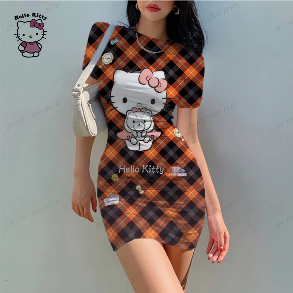 Hello Kitty Print Bodycon Cami Midi Dress Boho Short Sleeve Skinny O Neck Slim Vacation Wrapped Skirt Summer Mini Dress Hot Sale