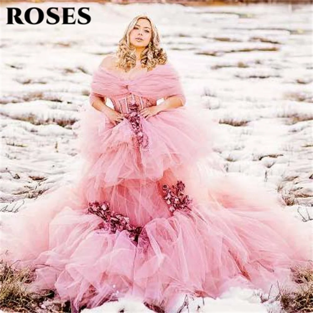 

ROSES Pink Elegant Prom Dress Off the Shoulder Formal Gown with Pleats Trumpet Tulle Simple Applique Evening Dress Customized