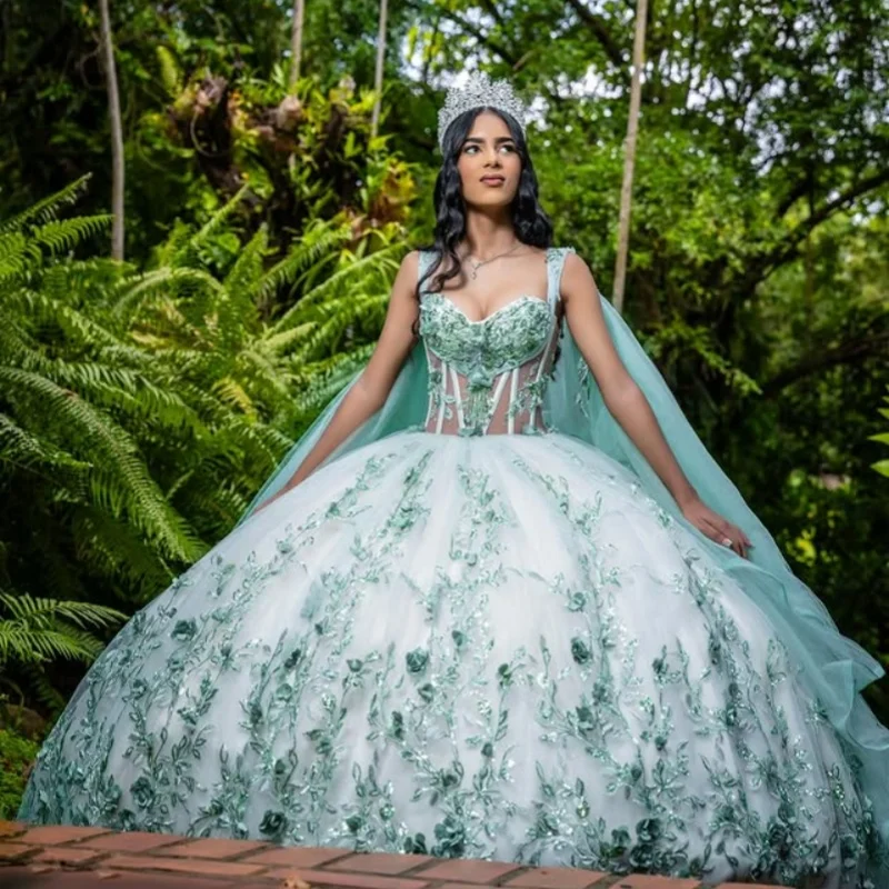 فساتين Quinceanera مخصصة باللون الأخضر النعناعي قبالة الكتف بريق ملصق كريستال ثلاثية الأبعاد ذيل زهرة فيستدو 15 Quinceanera #3