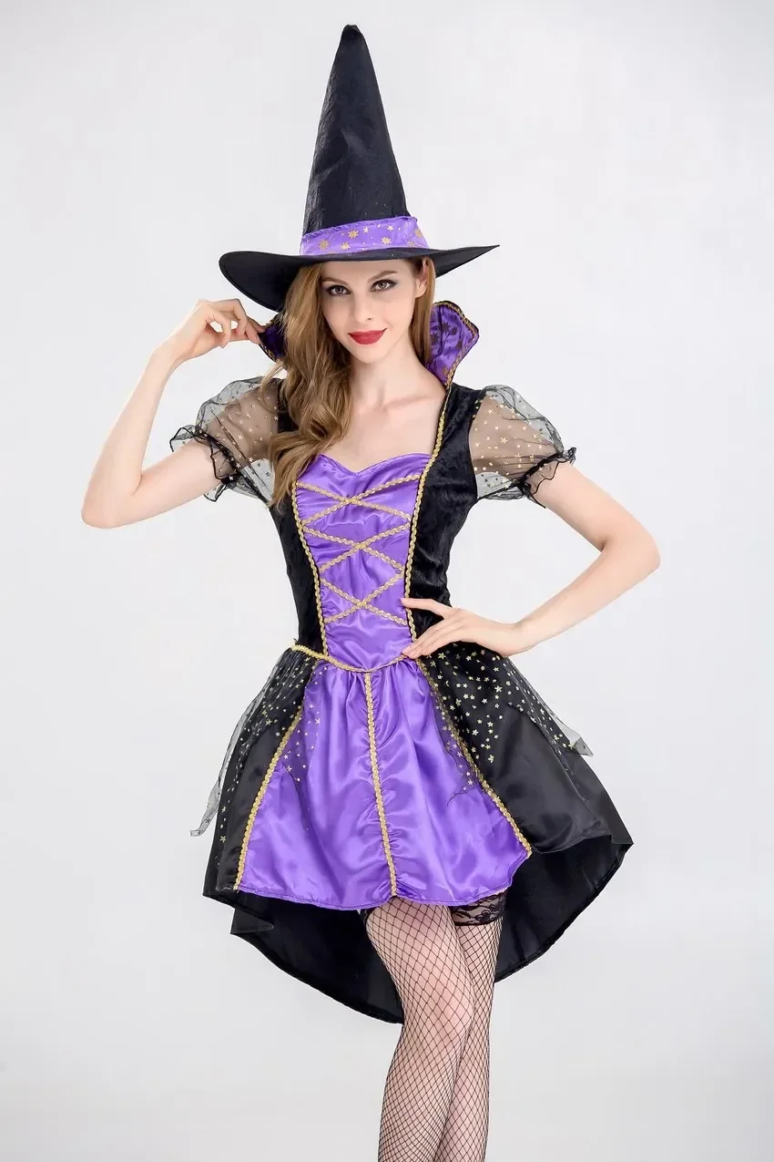 Costumi da strega per adulti sexy Abito da frac da donna Abiti viola a coda di rondine per Halloween