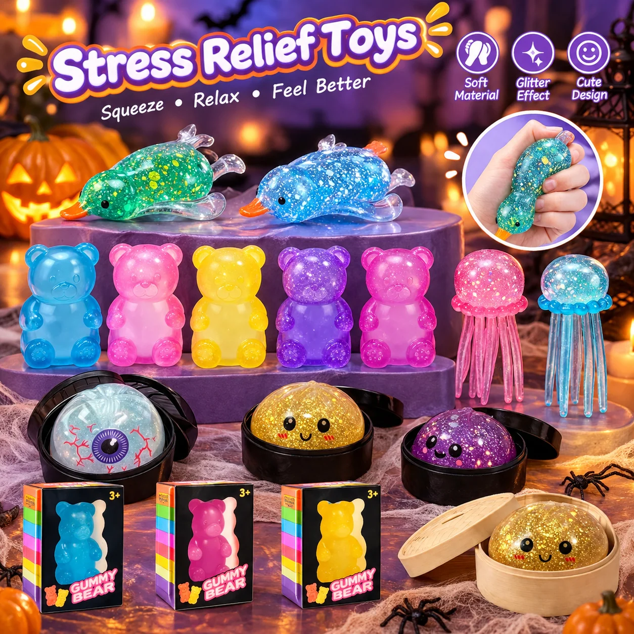 Halloween Theme Glitter Squishy Toy Set Cute Animal Shape Soft Squeeze Stress Relief Sensory Fidget Halloween Party Favors Gifts