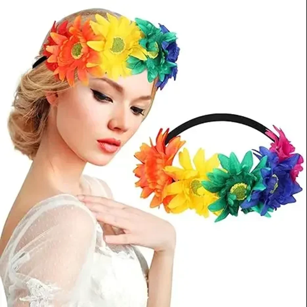 

Beach Sunflower Elastic Hair Band Rainbow Fashion Hair Band Handmade Faux Flower Women Wreath Rainbow Color Romantic Headband