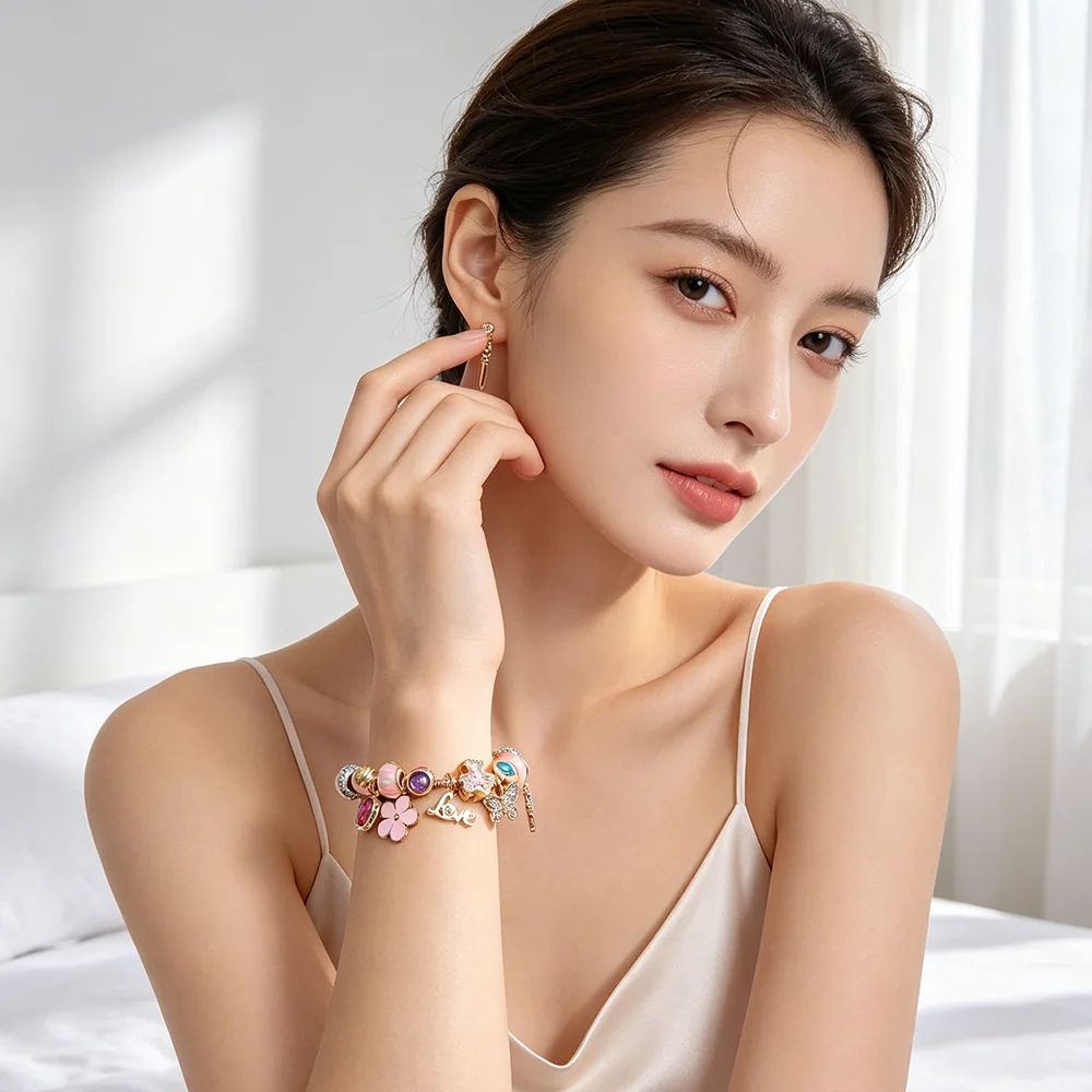 Cute Bear Butterfly DIY Bead Bracelet, Zinc Alloy Multifaceted Gemstone Beads, Pink Floral Love Pendant Birthday Gift for Her