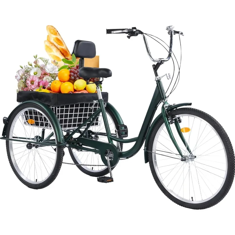 

Трехколесный велосипед для взрослых, 24/26 дюймов, 3-колесный крейсер с большой корзиной и регулируемым сиденьем для покупок и пикника, идеально подходит для женщин