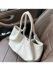 Bolso de hombro blanco Simple de cuero PU para mujer, bolsa de mano suave para axilas, bolso escolar de gran capacidad, bolso de compras para estudiantes completo, 2023