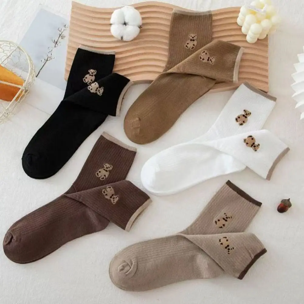 

10Pairs Ins Cartoon Tube Socks Women Breathable Stripe Cute Bear Socks Hosiery Harajuku Mid-Calf Socks Students