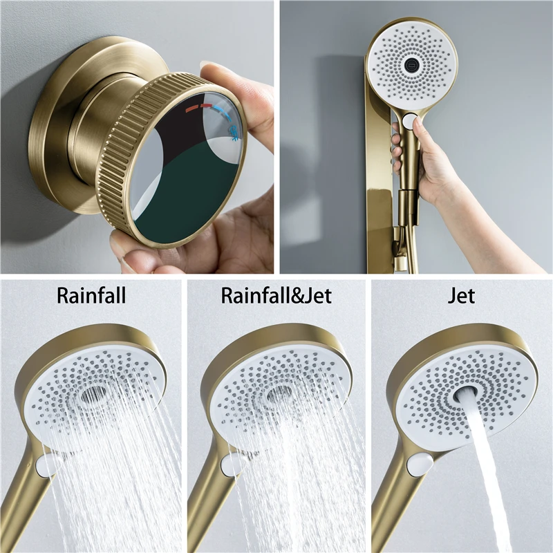 Beyoon Brass Brushed Gold Triple Handle Wall Mount Hot/Cold Water Bathroom Shower Faucet Set 20-Inch Rain Shower Head view 5