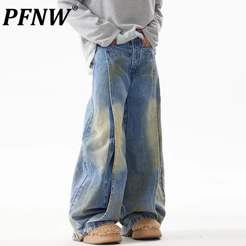 

PFNW Male Spliced Die Dyed Deconstruction Jeans American Washed Wide Leg Trousers Niche Design Street Loose Pants Trend 28W4414