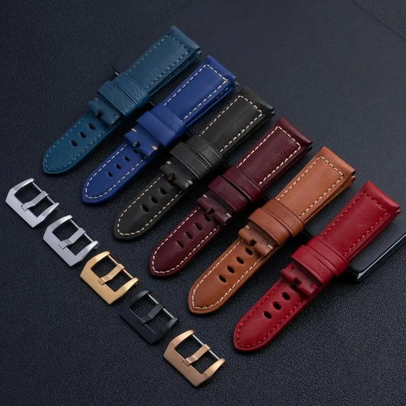 

HAODEE Blue Green Red Qualiy Genuine Flat Leather Watchband Cowhide Wristband For Panerai Strap 24mm 44mm Dial With Tang Pin