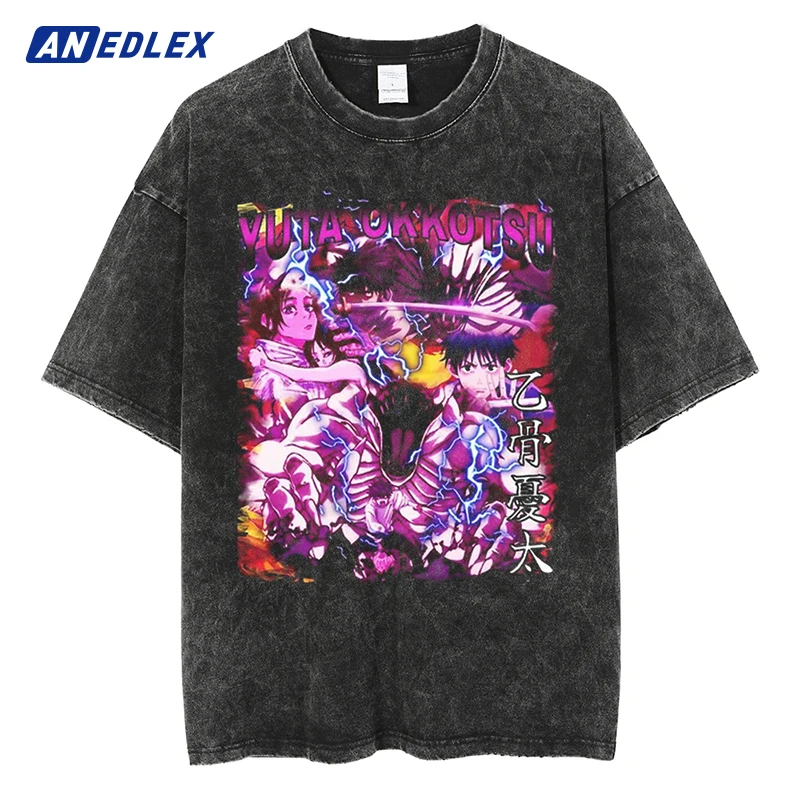 

Men Vintage Washed Black T Shirt Streetwear Anime Graphic Harajuku Hip Hop Oversized Tshirt 2024 Summer Cotton Tops Tees