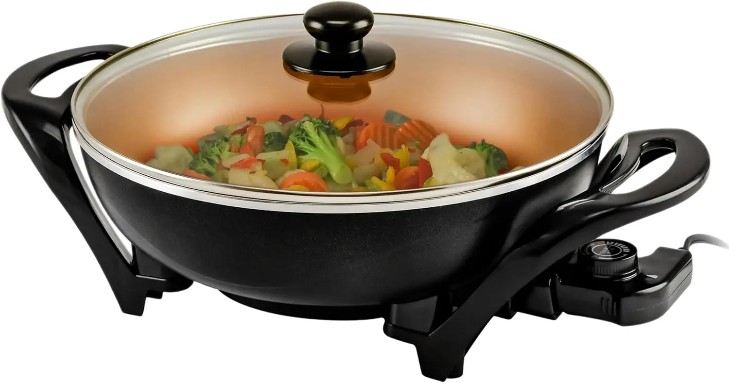 

13-Inch Electric Wok with Nonstick Coating, 1400W Power, Adjustable Temperature, Tempered Glass Lid