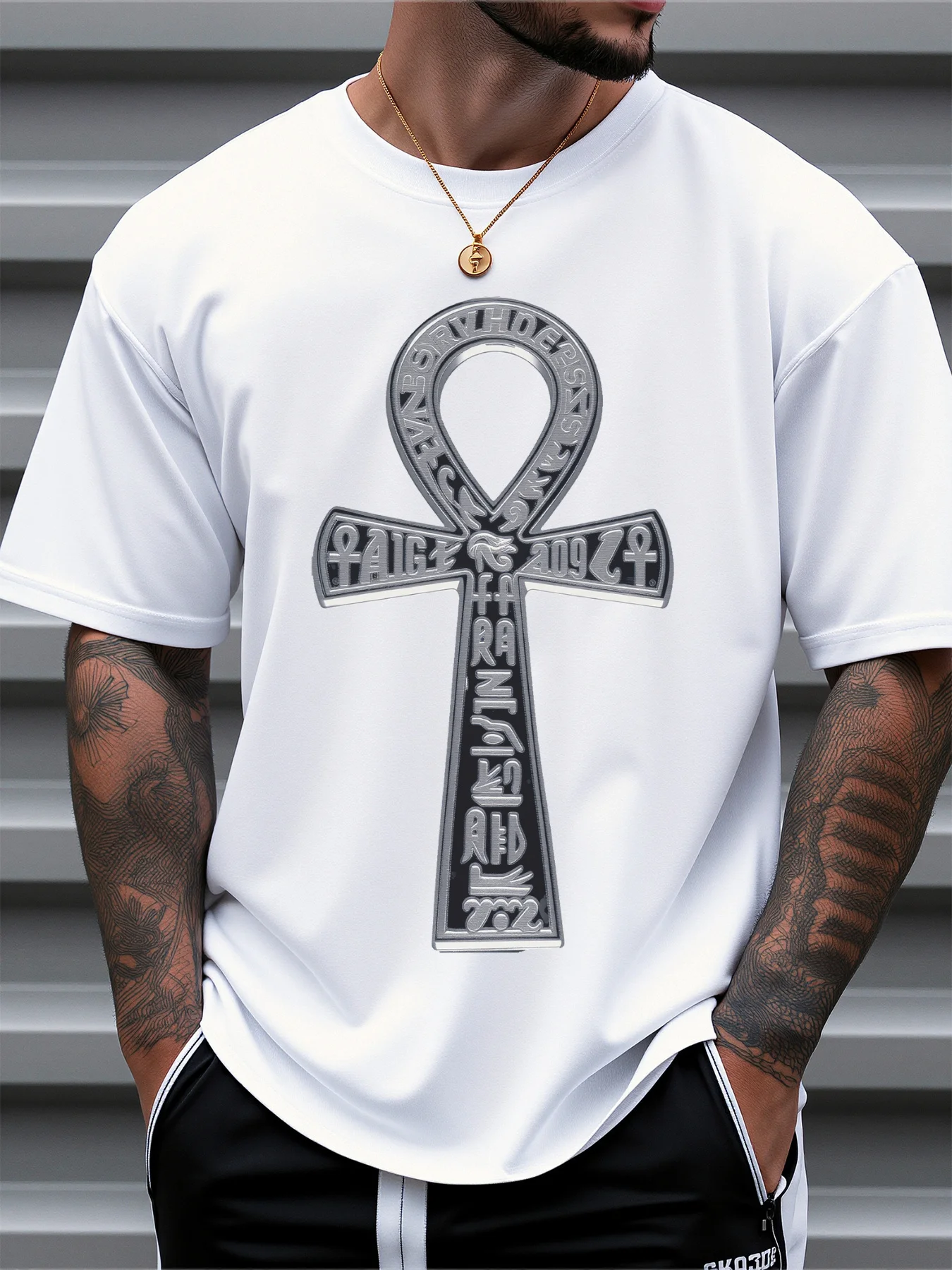 Men'S T-Shirt with Egyptian Ankh Symbol - White, Made Of, Round Neck, Short Sleeves, Suitable for Summer Casual Wear And Outdoor Fitness, Comfortable And