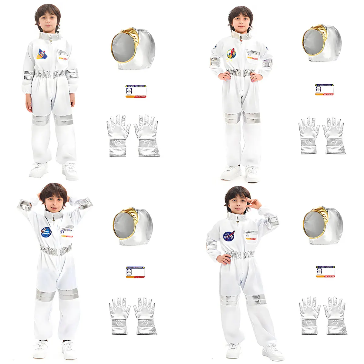 2026 Children Space Astronaut Cosplay Jumpsuit, Halloween Carnival Party Fancy White Dress Costume Complete Accessories Kit Suit