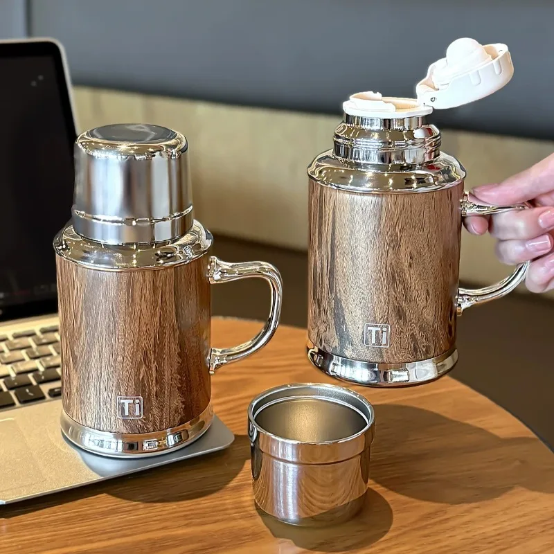 Wood Grain Insulated Water Bottle with Handle Removable Drinking Lid Portable Heat Retention Flask for Office Travel Daily